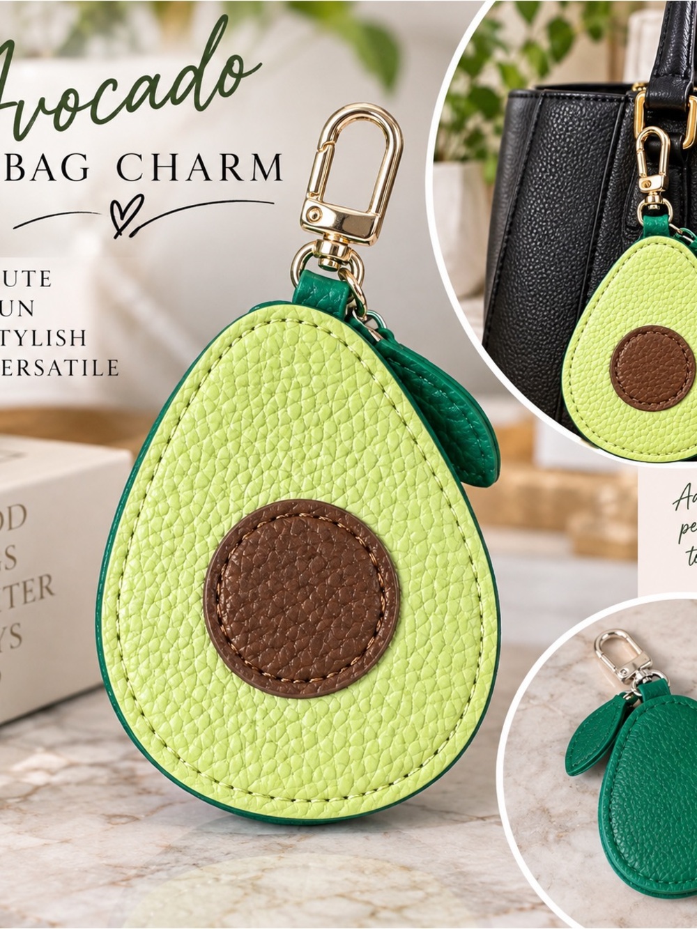 Avocado Bag Charm Keychain – Green Faux Leather Purse Accessory